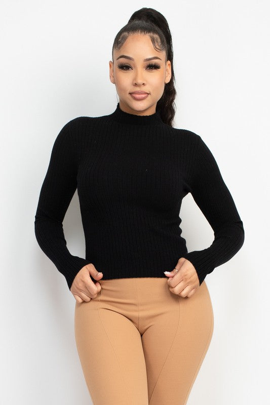 Blusa Suéter Acanalada Manga Larga con Cuello Alto para Mujer