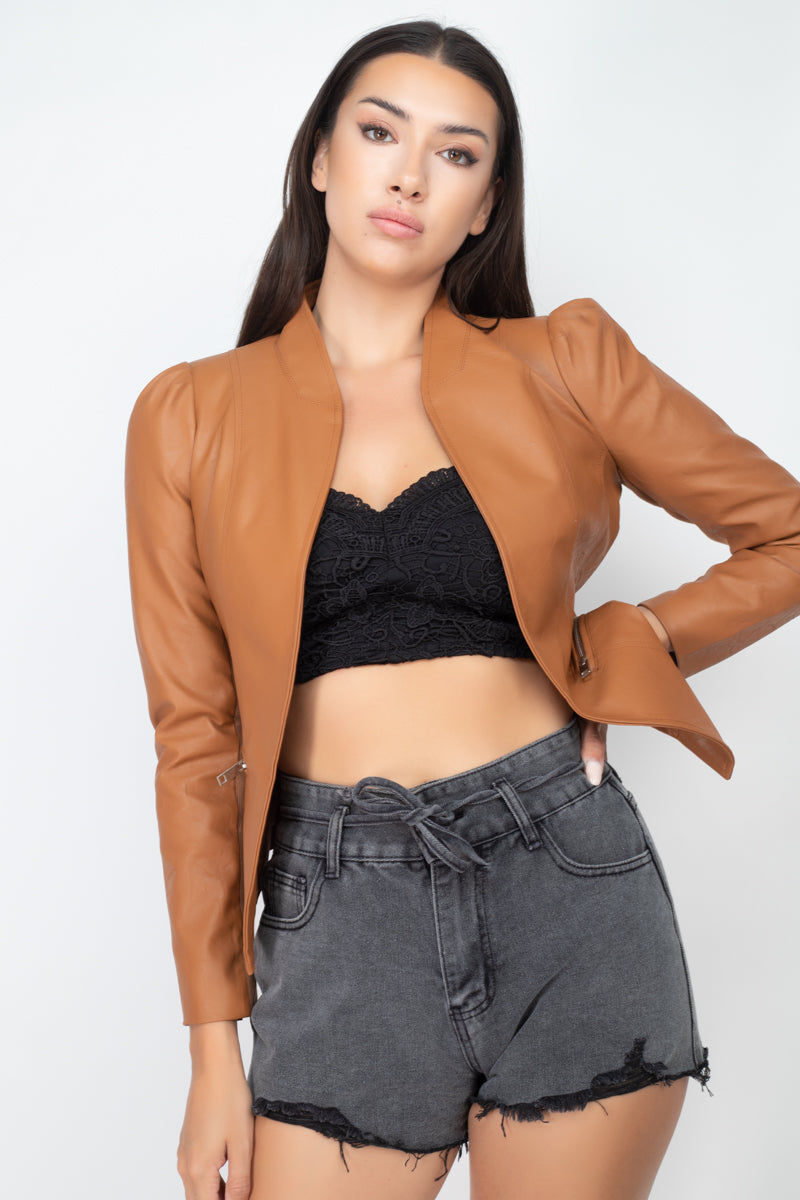 Chaqueta Casual de Piel Sintética sin Solapa