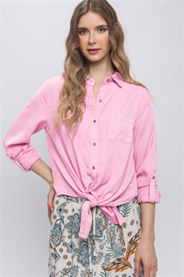 Camisa Manga Ajustable con Nudo Inferior y Cuello Camisero