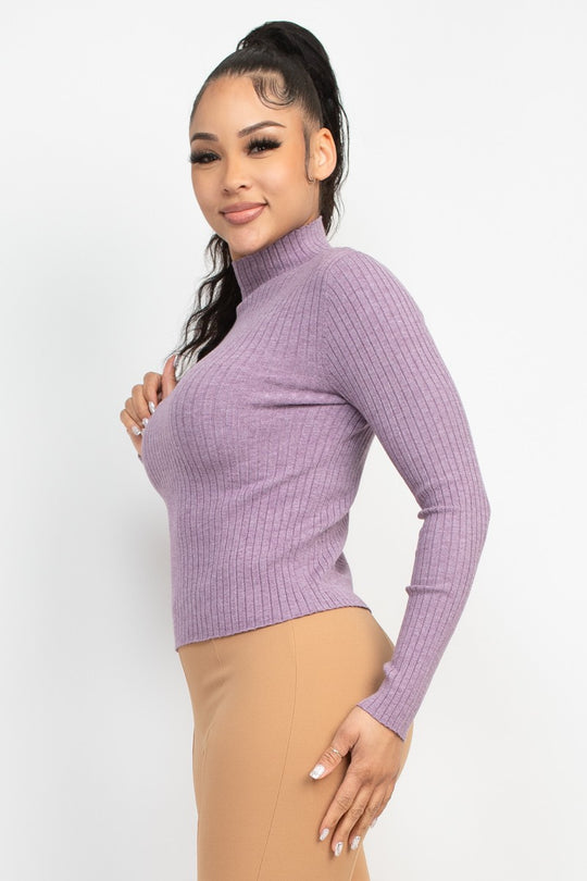 Blusa Suéter Acanalada Manga Larga con Cuello Alto para Mujer