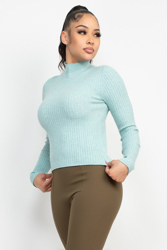 Blusa Suéter Acanalada Manga Larga con Cuello Alto para Mujer
