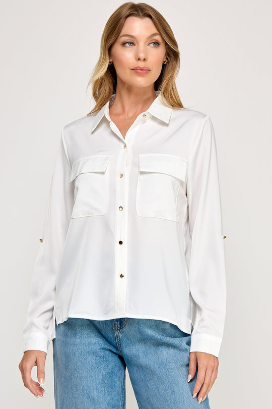 Blusa Satinada Elegante con Bolsillos de Solapa y Botones Metálicos