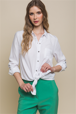 Camisa Manga Ajustable con Nudo Inferior y Cuello Camisero