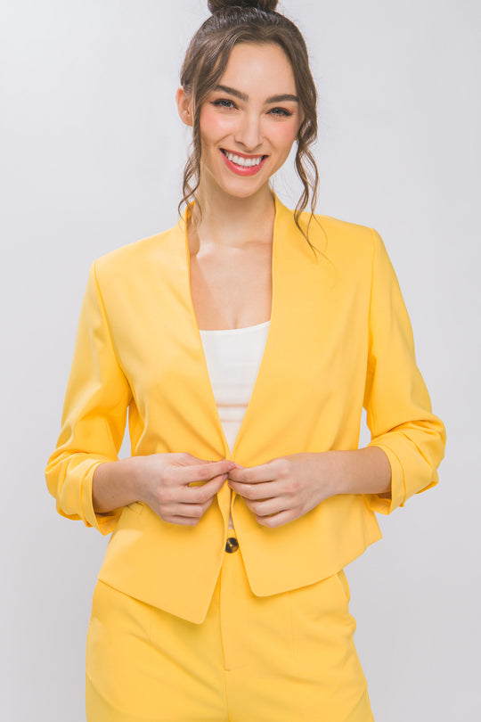 Saco Blazer Corto para Mujer Sin Solapa Manga 3/4