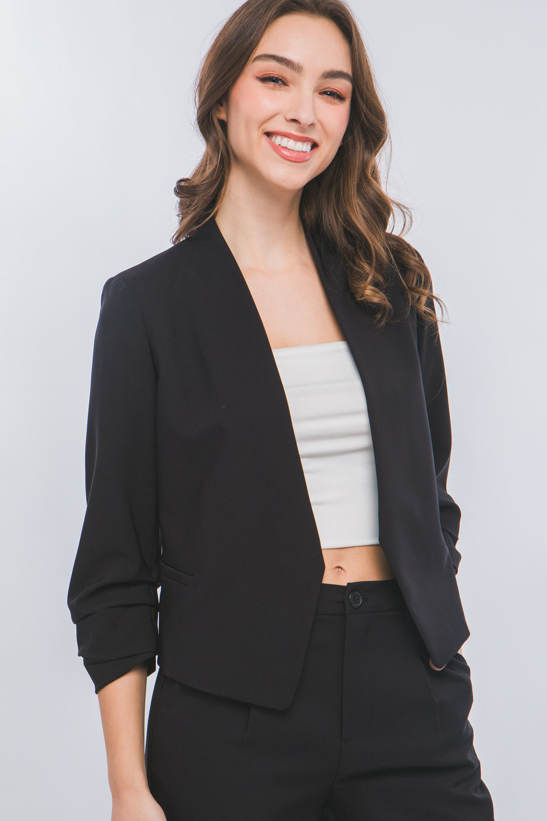 Saco Blazer Corto para Mujer Sin Solapa Manga 3/4