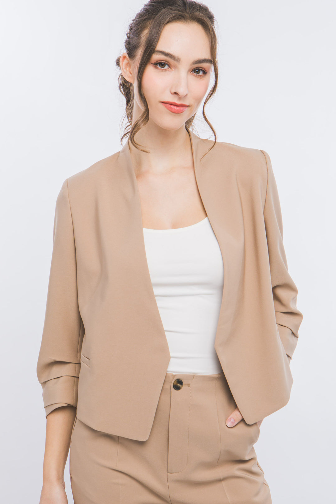 Saco Blazer Corto para Mujer Sin Solapa Manga 3/4