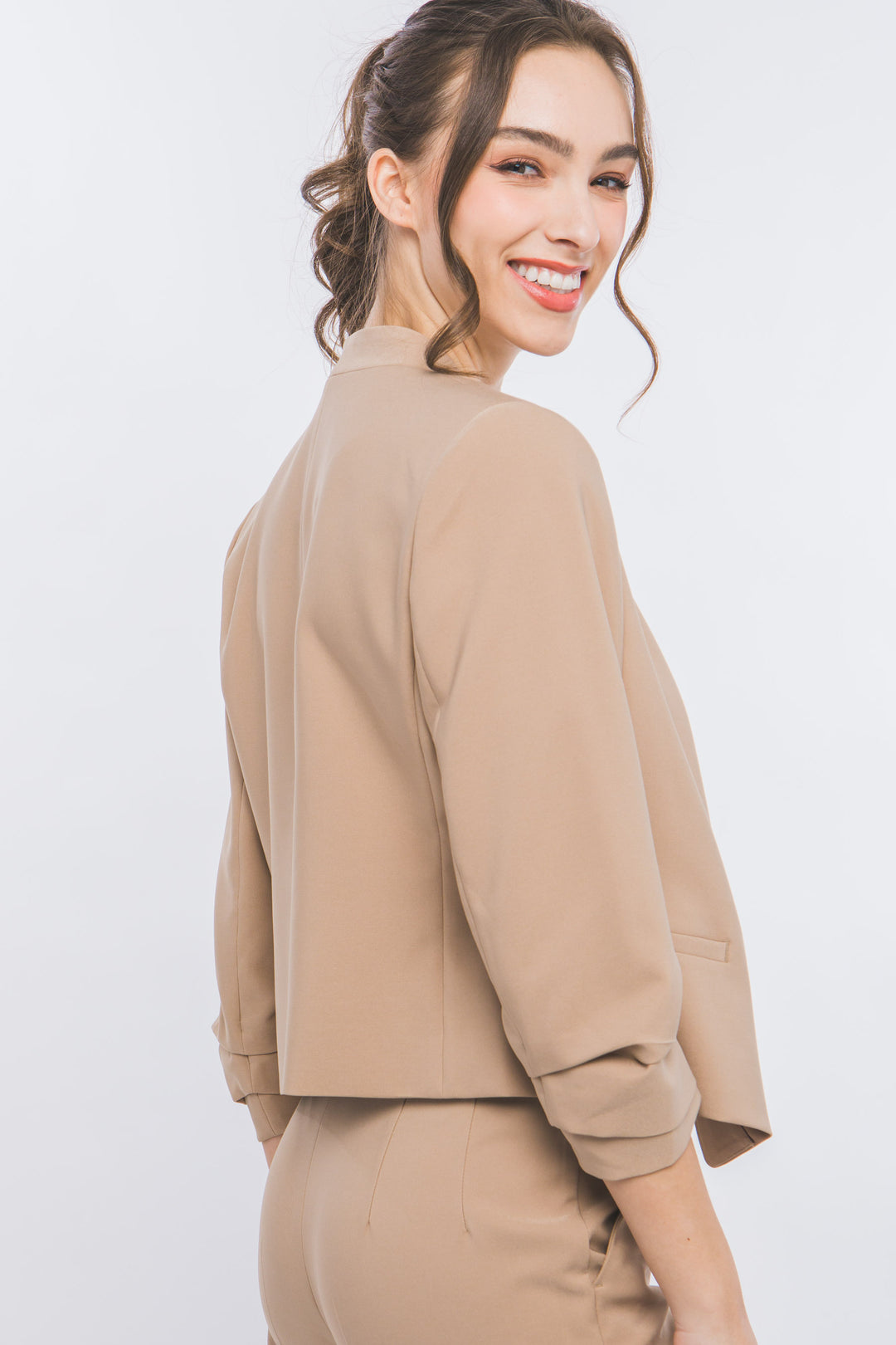 Saco Blazer Corto para Mujer Sin Solapa Manga 3/4
