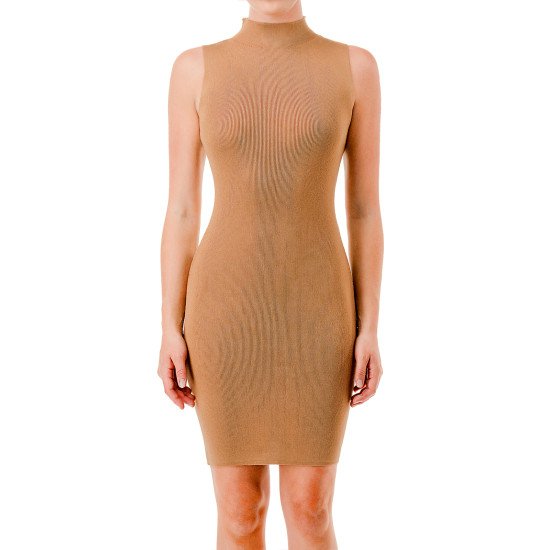 Vestido corto de tejido tipo tricot con textura acanalada, diseño sin mangas y cuello alto.