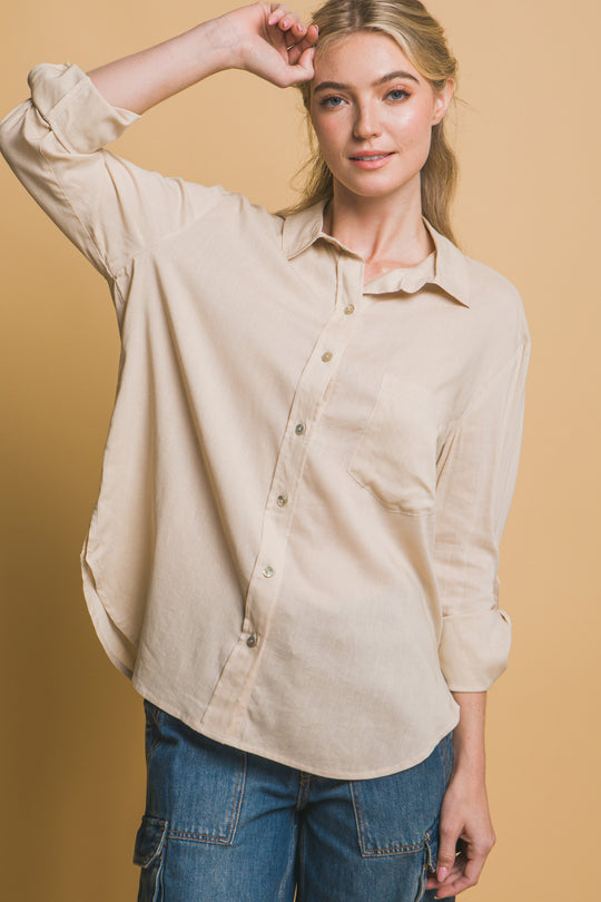 Camisa 3/4 Oversize Con Bolsilolo en Frente