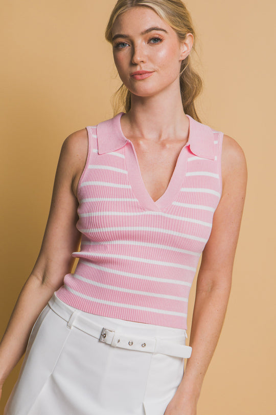 Top Sin Mangas con Cuello Polo Rayada