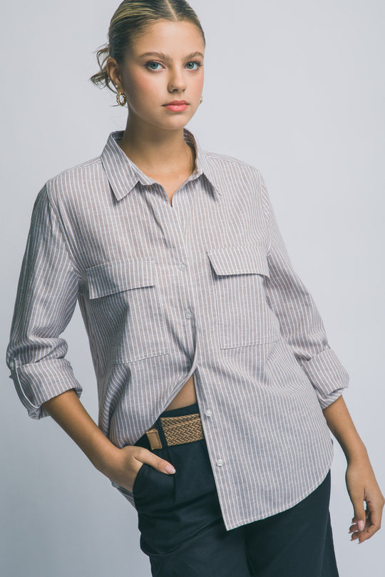 Blusa Para Mujer de Lino a Rayas Diplomáticas - Diseño con Bolsillos Frontales