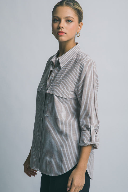 Blusa Para Mujer de Lino a Rayas Diplomáticas - Diseño con Bolsillos Frontales