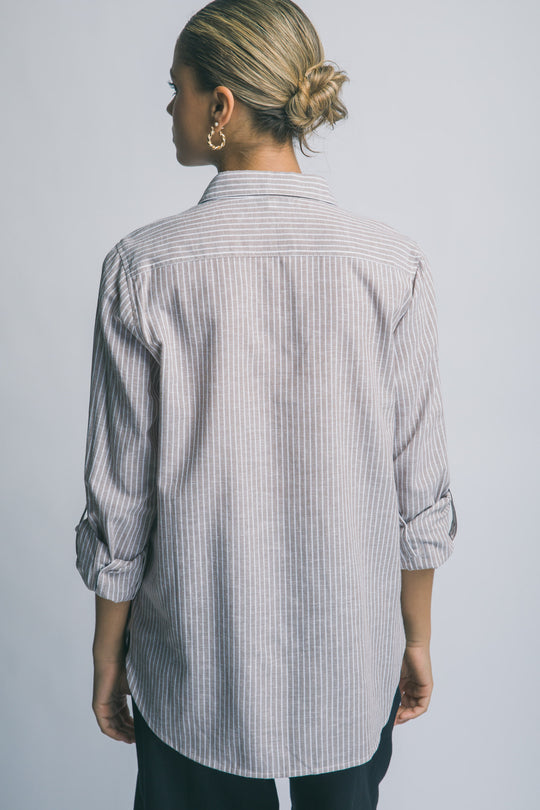 Blusa Para Mujer de Lino a Rayas Diplomáticas - Diseño con Bolsillos Frontales