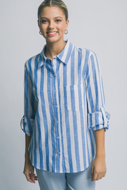Camisa Manga Larga de Rayas Verticales para Mujer - Corte Holgado