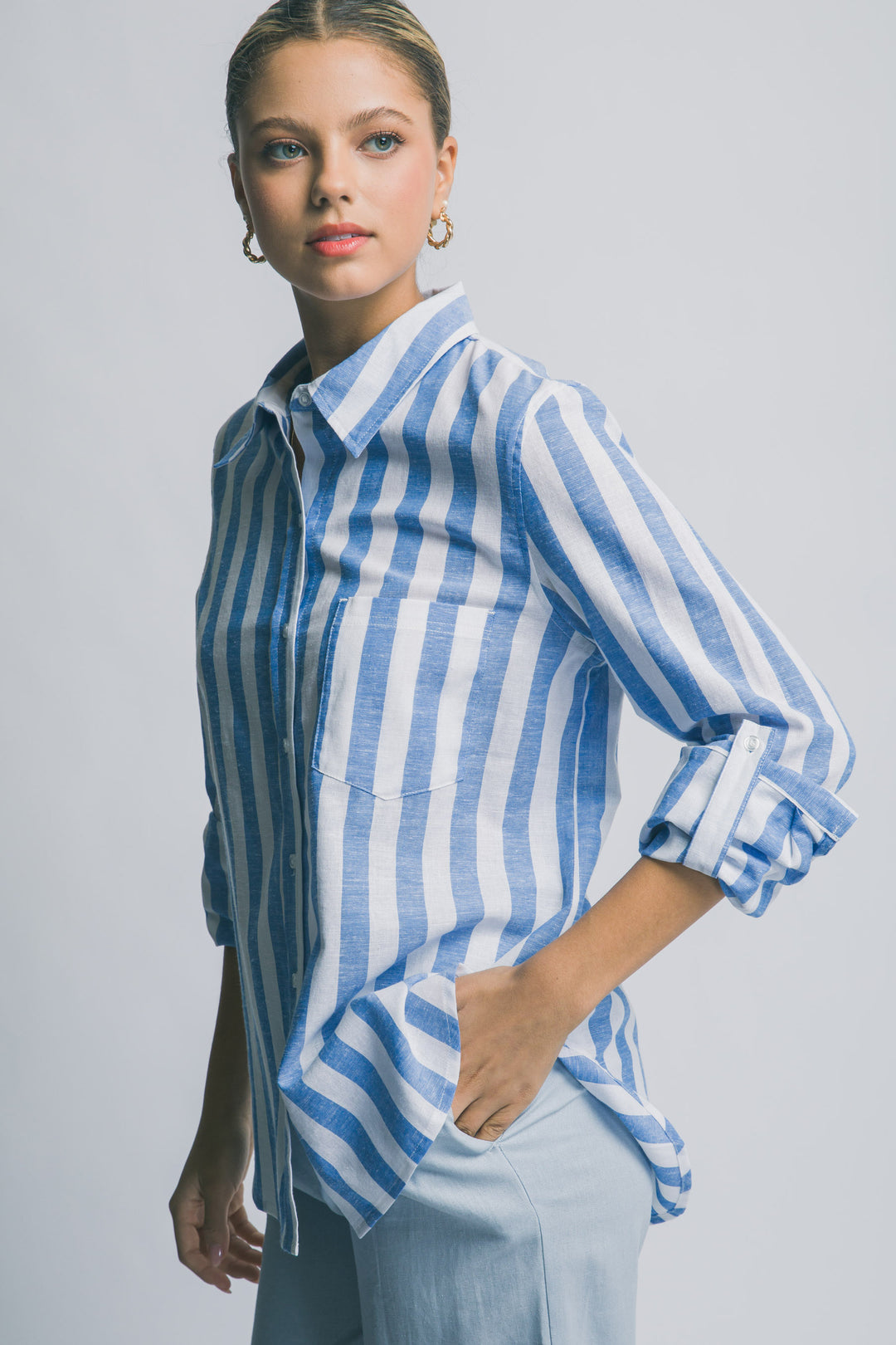 Camisa Manga Larga de Rayas Verticales para Mujer - Corte Holgado
