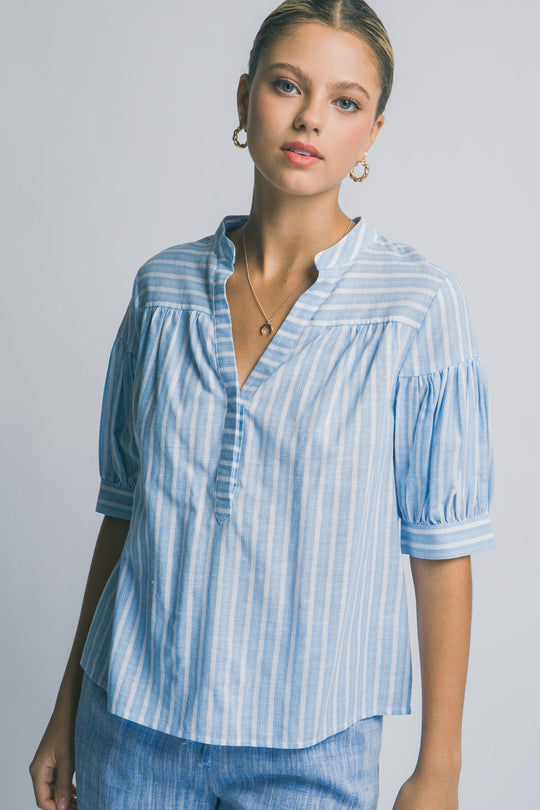 Blusa de Rayas Verticales para Mujer - Manga Media y Cuello V