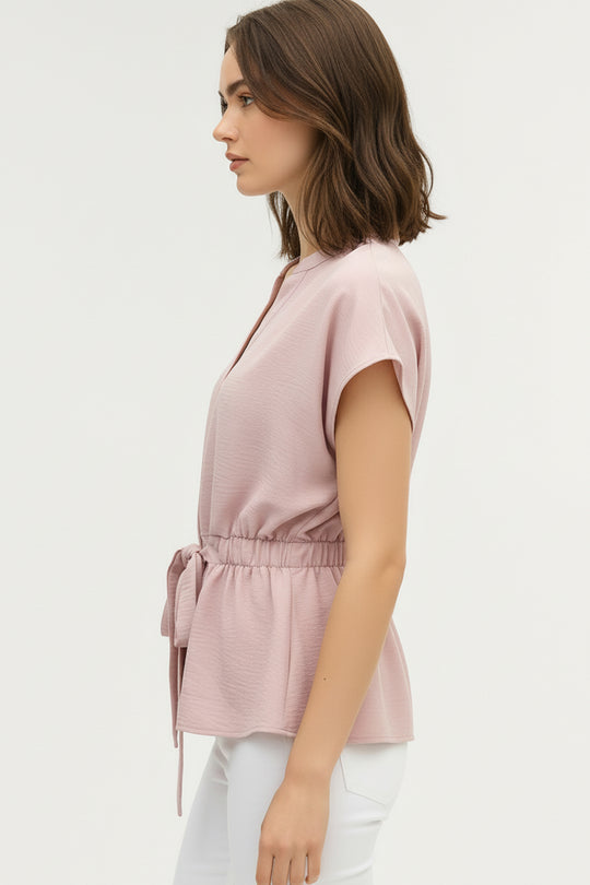 Blusa Manga Corta para Mujer con Amarre en Cintura y Cuello V
