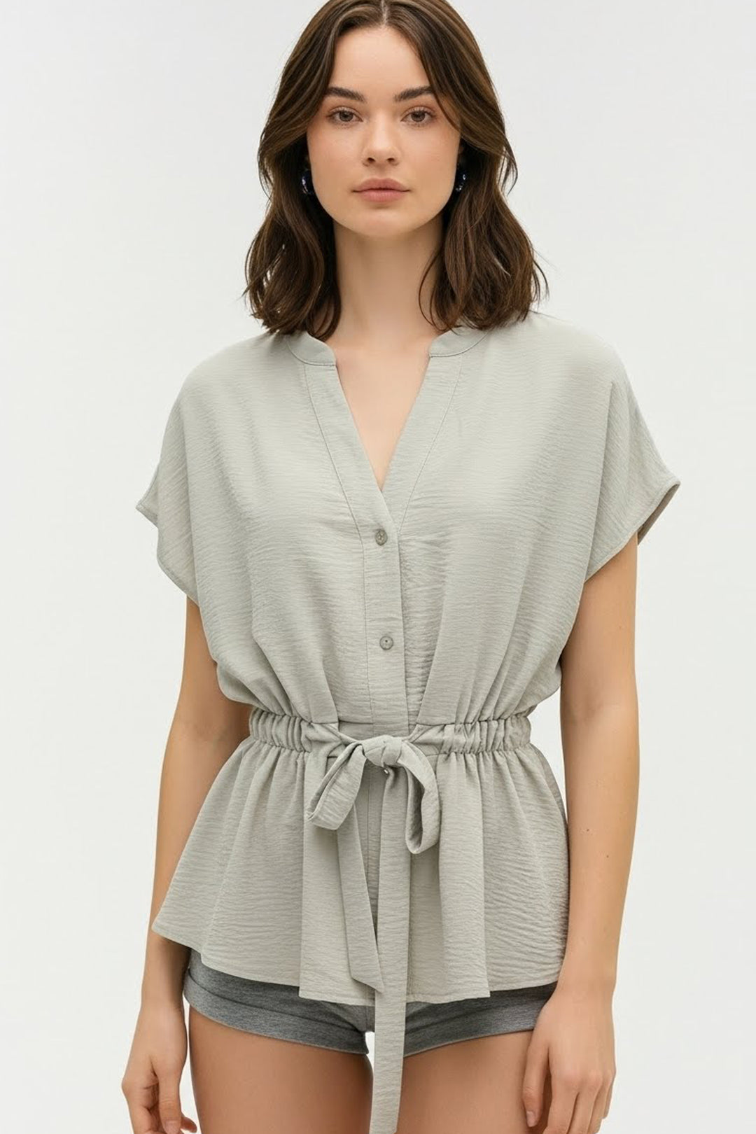 Blusa Manga Corta para Mujer con Amarre en Cintura y Cuello V