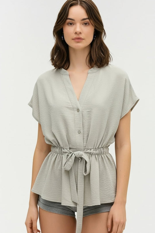 Blusa Manga Corta para Mujer con Amarre en Cintura y Cuello V