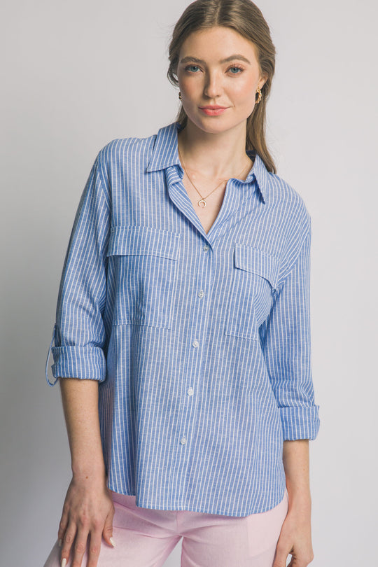 Blusa Para Mujer de Lino a Rayas Diplomáticas - Diseño con Bolsillos Frontales