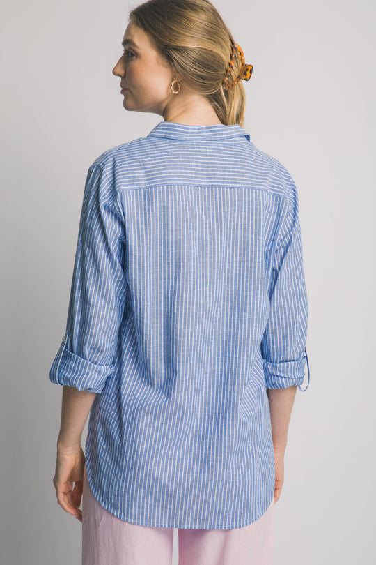 Blusa Para Mujer de Lino a Rayas Diplomáticas - Diseño con Bolsillos Frontales