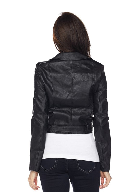 Chamarra Biker Corta de Piel Sintética para Mujer