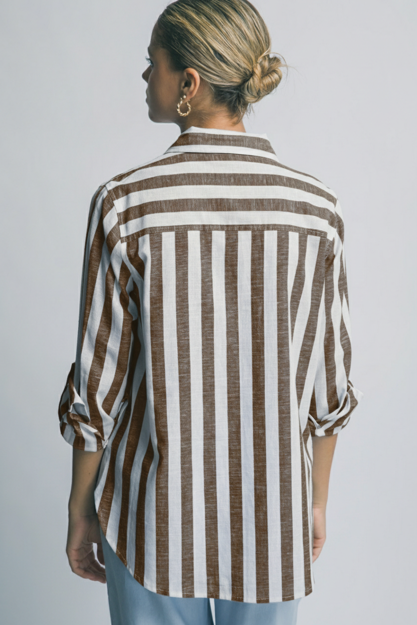 Camisa Manga Larga de Rayas Verticales para Mujer - Corte Holgado