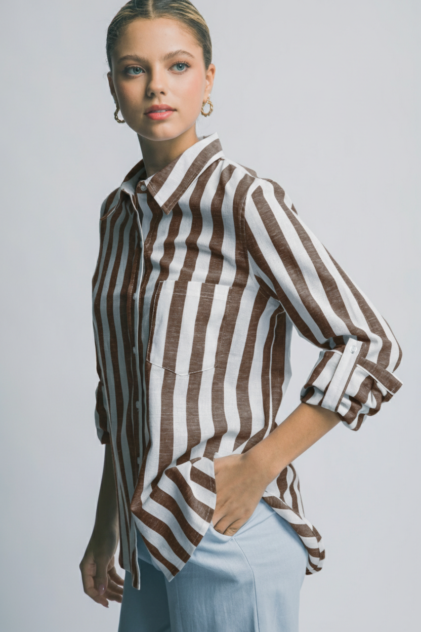 Camisa Manga Larga de Rayas Verticales para Mujer - Corte Holgado