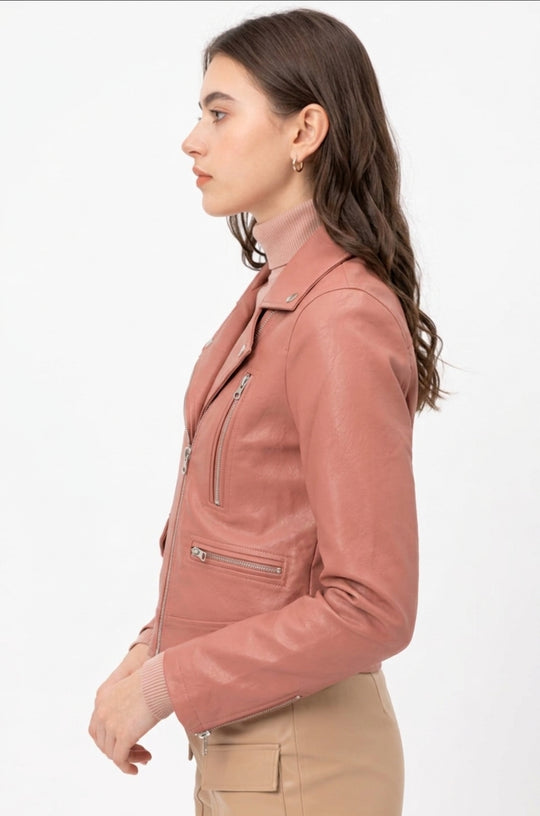 Chamarra de piel sintética mujer con cierres