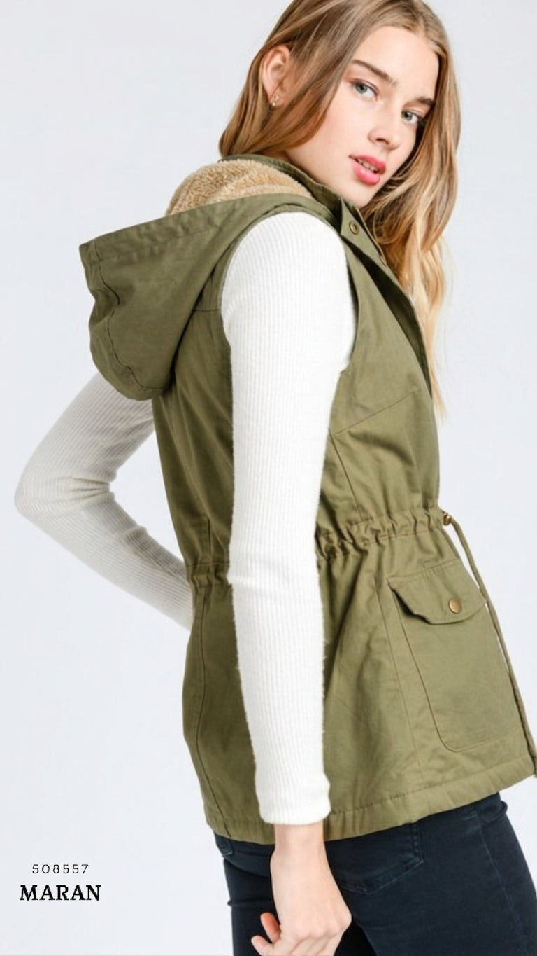 Chaleco Parka  con Gorro para Mujer – Gabardina Sin Mangas Ajustable