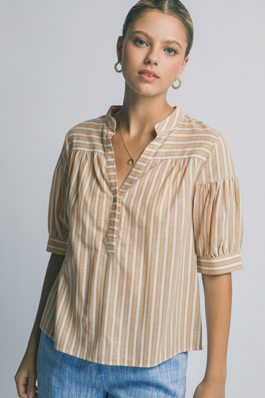Blusa de Rayas Verticales para Mujer - Manga Media y Cuello V