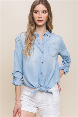 Camisa Manga Ajustable con Nudo Inferior y Cuello Camisero