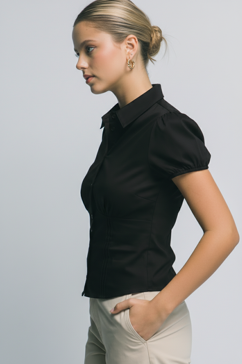 Blusa Negra Entallada de Manga Corta con Fruncido en Pecho para Mujer
