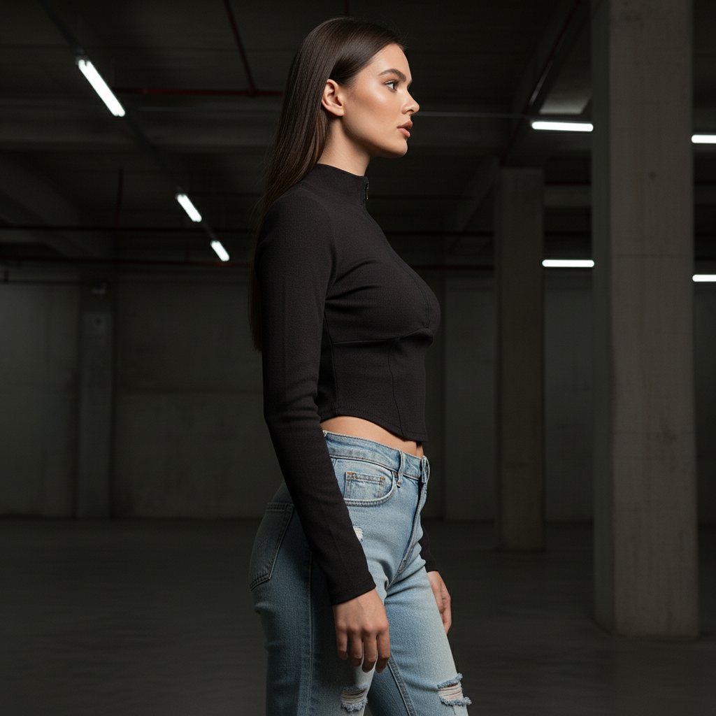 Blusa Crop Top Manga Larga con Cuello Alto
