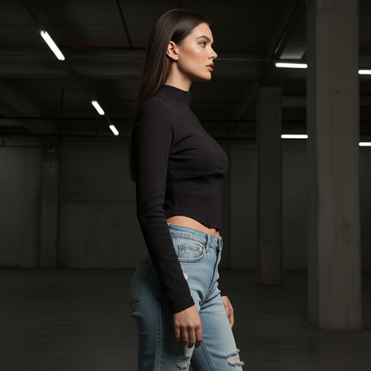 Blusa Crop Top Manga Larga con Cuello Alto