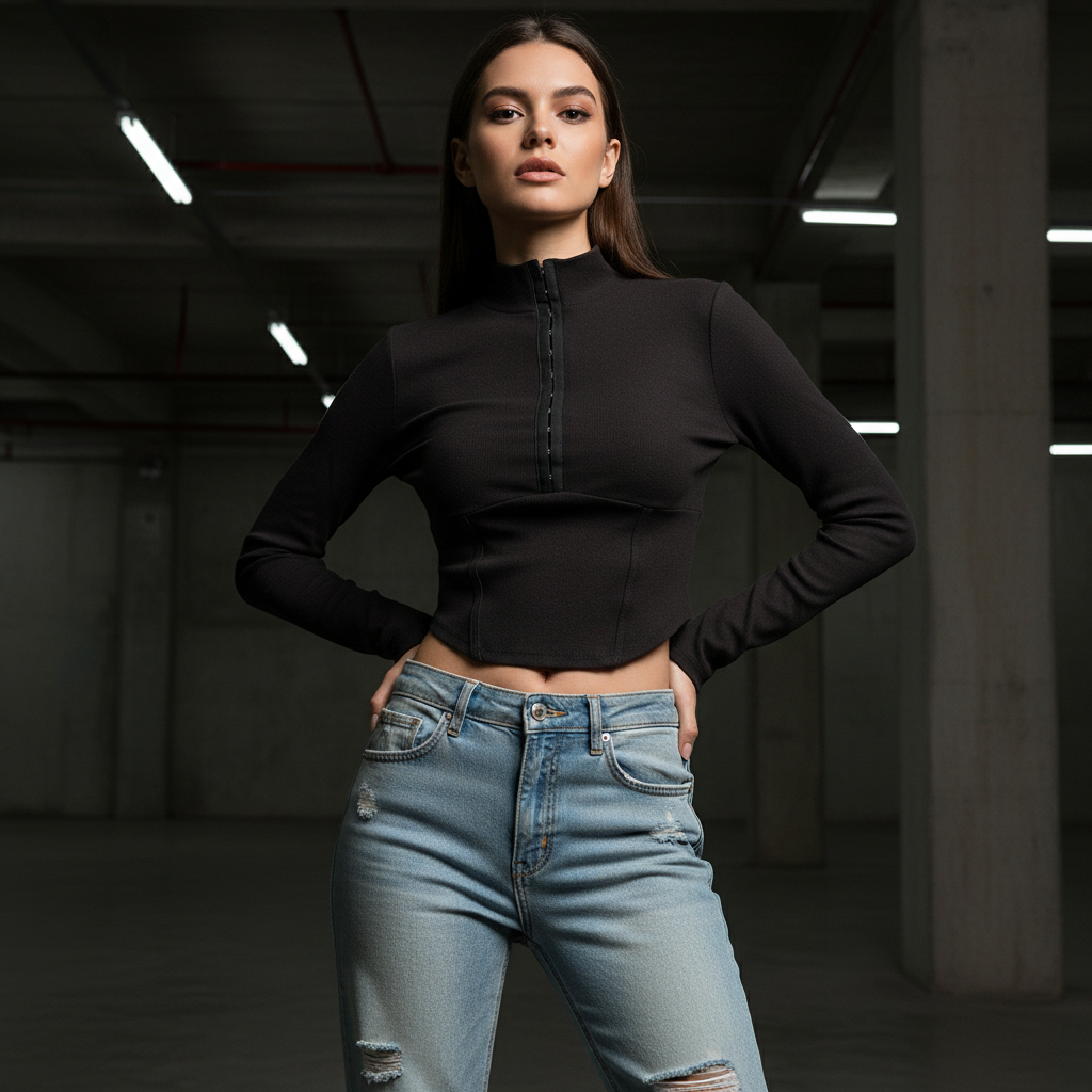 Blusa Crop Top Manga Larga con Cuello Alto