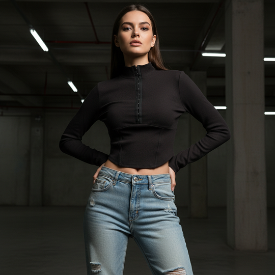 Blusa Crop Top Manga Larga con Cuello Alto