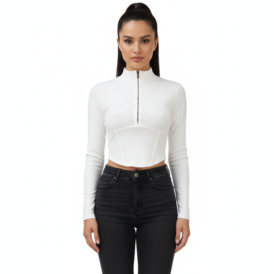 Blusa Crop Top Manga Larga con Cuello Alto