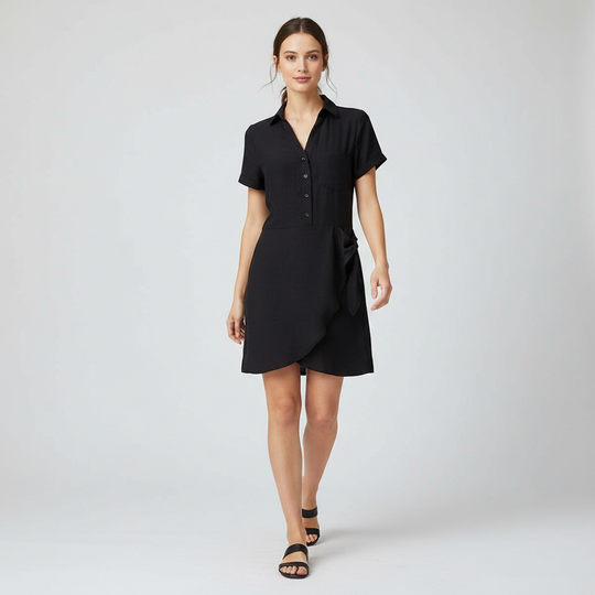 Vestido Camisero Negro para Mujer con Botones Frontales