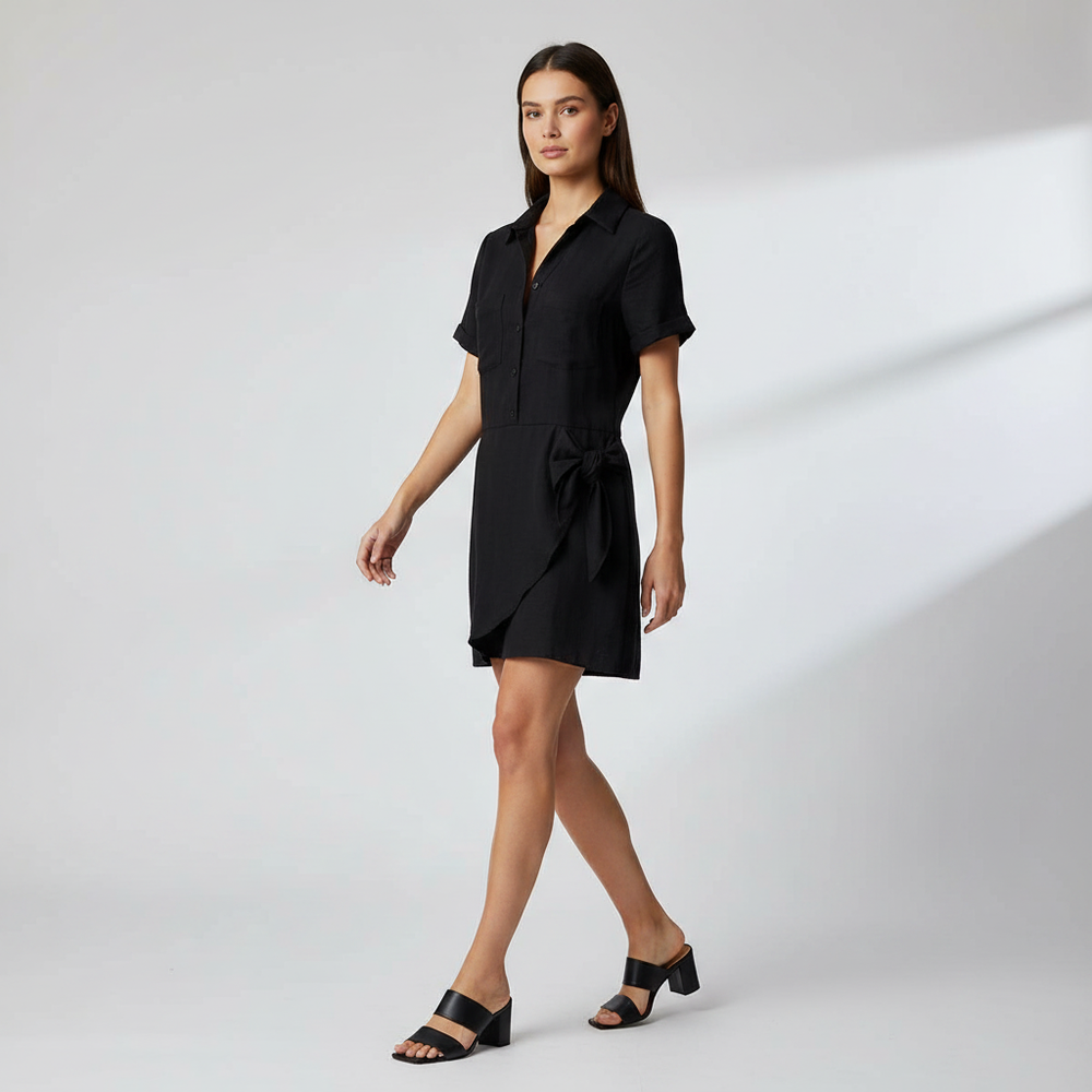 Vestido Camisero Negro para Mujer con Botones Frontales