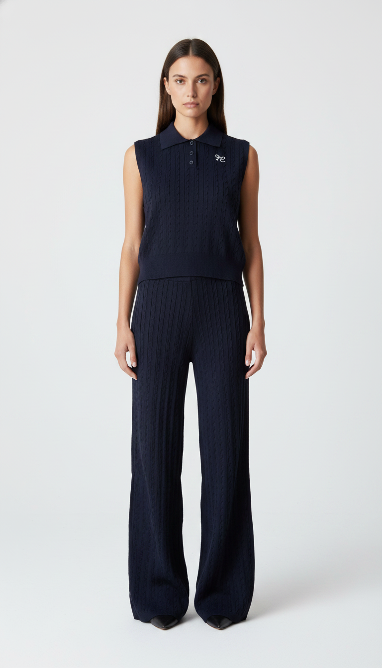 Conjunto Tejido de Punto Mujer – Top Polo sin Mangas y Pantalón Acampanado