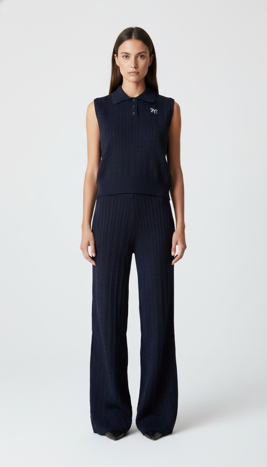 Conjunto Tejido de Punto Mujer – Top Polo sin Mangas y Pantalón Acampanado