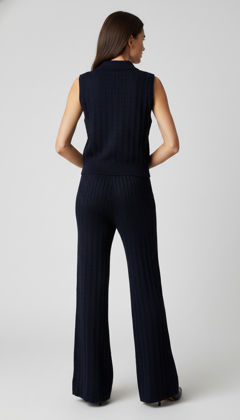 Conjunto Tejido de Punto Mujer – Top Polo sin Mangas y Pantalón Acampanado