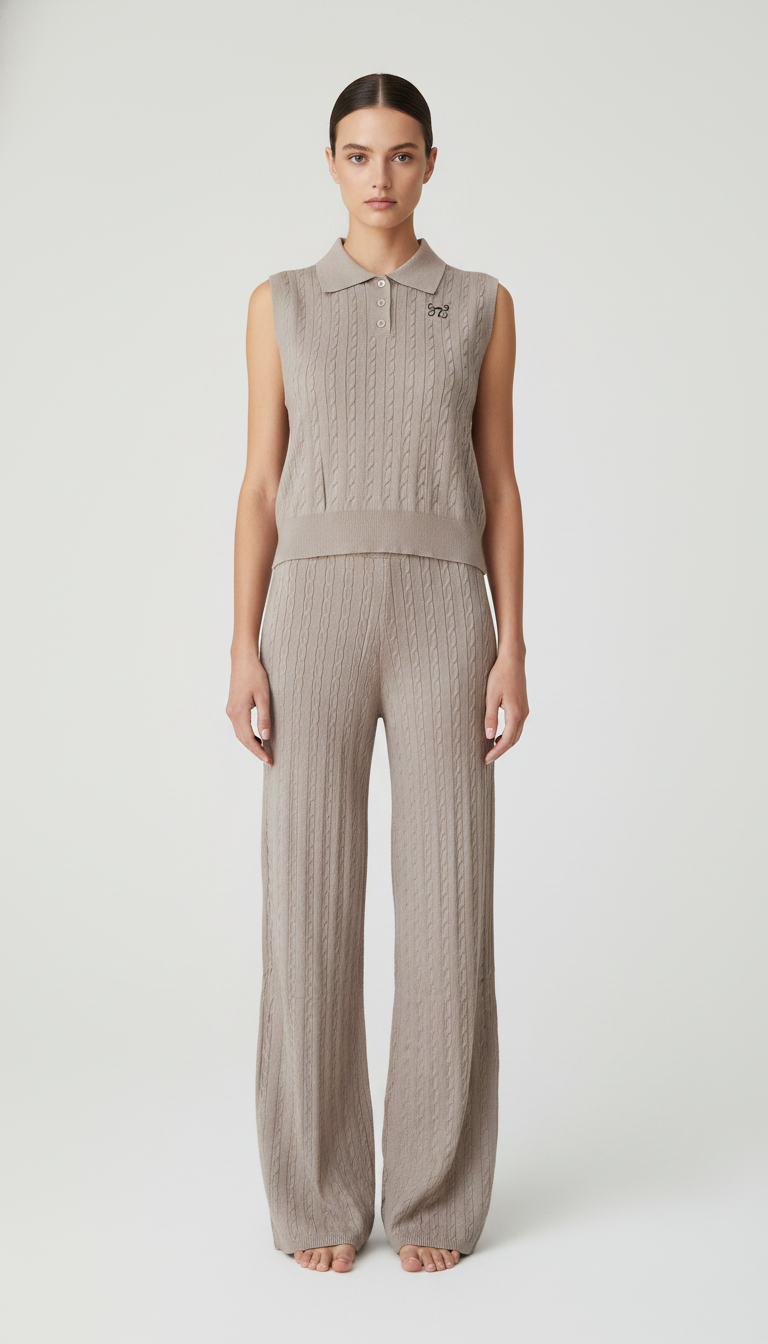 Conjunto Tejido de Punto Mujer – Top Polo sin Mangas y Pantalón Acampanado