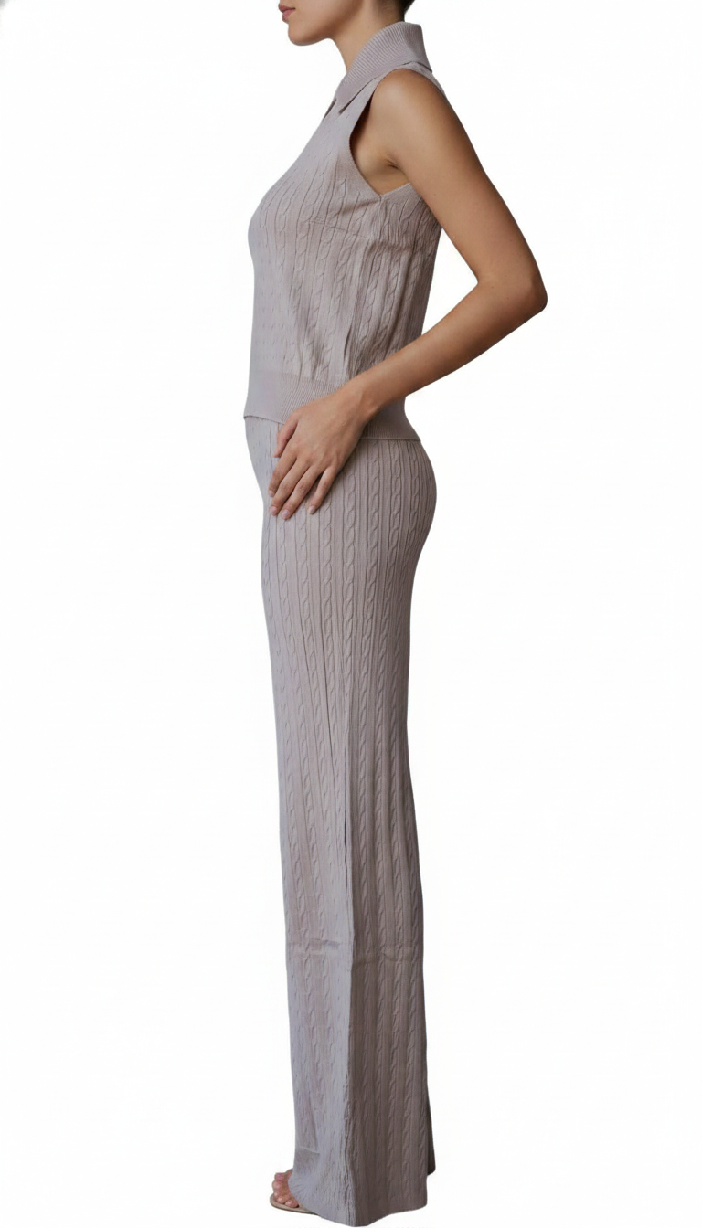 Conjunto Tejido de Punto Mujer – Top Polo sin Mangas y Pantalón Acampanado