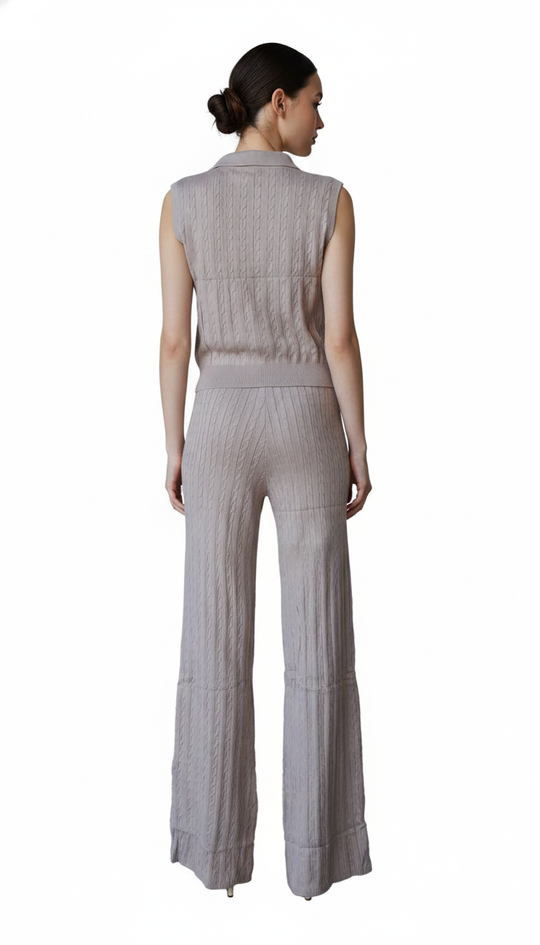 Conjunto Tejido de Punto Mujer – Top Polo sin Mangas y Pantalón Acampanado