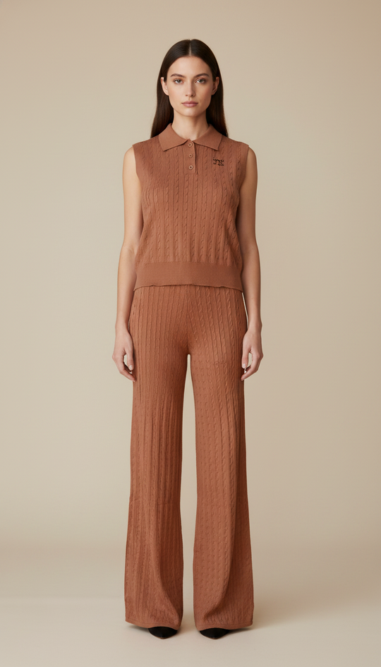 Conjunto Tejido de Punto Mujer – Top Polo sin Mangas y Pantalón Acampanado