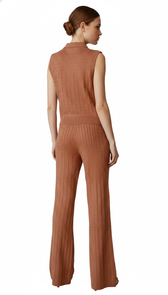 Conjunto Tejido de Punto Mujer – Top Polo sin Mangas y Pantalón Acampanado