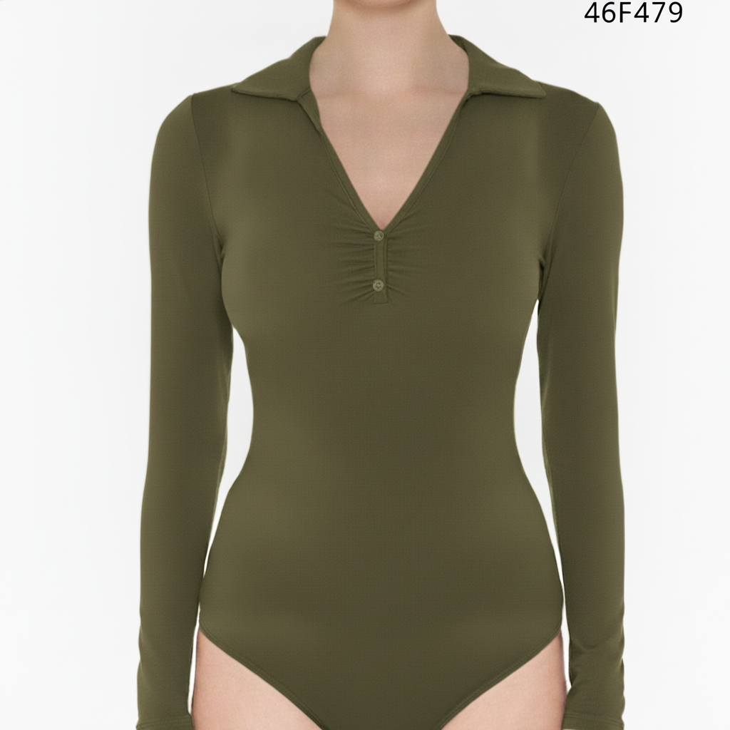 Panti Blusa Manga Larga con Cuello Polo y Escote Fruncido para Mujer