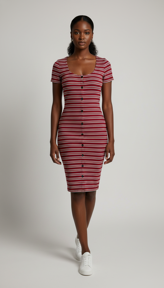 Vestido Corto de Punto a Rayas con Botones al Frente y Manga Corta